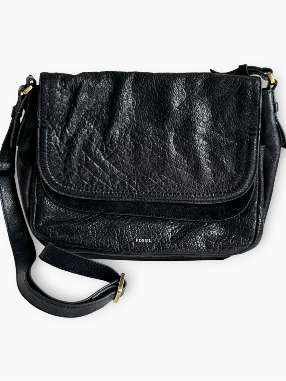 Fossil Payton Double Flap Black Leather Suede Accent Crossbody Bag Purse